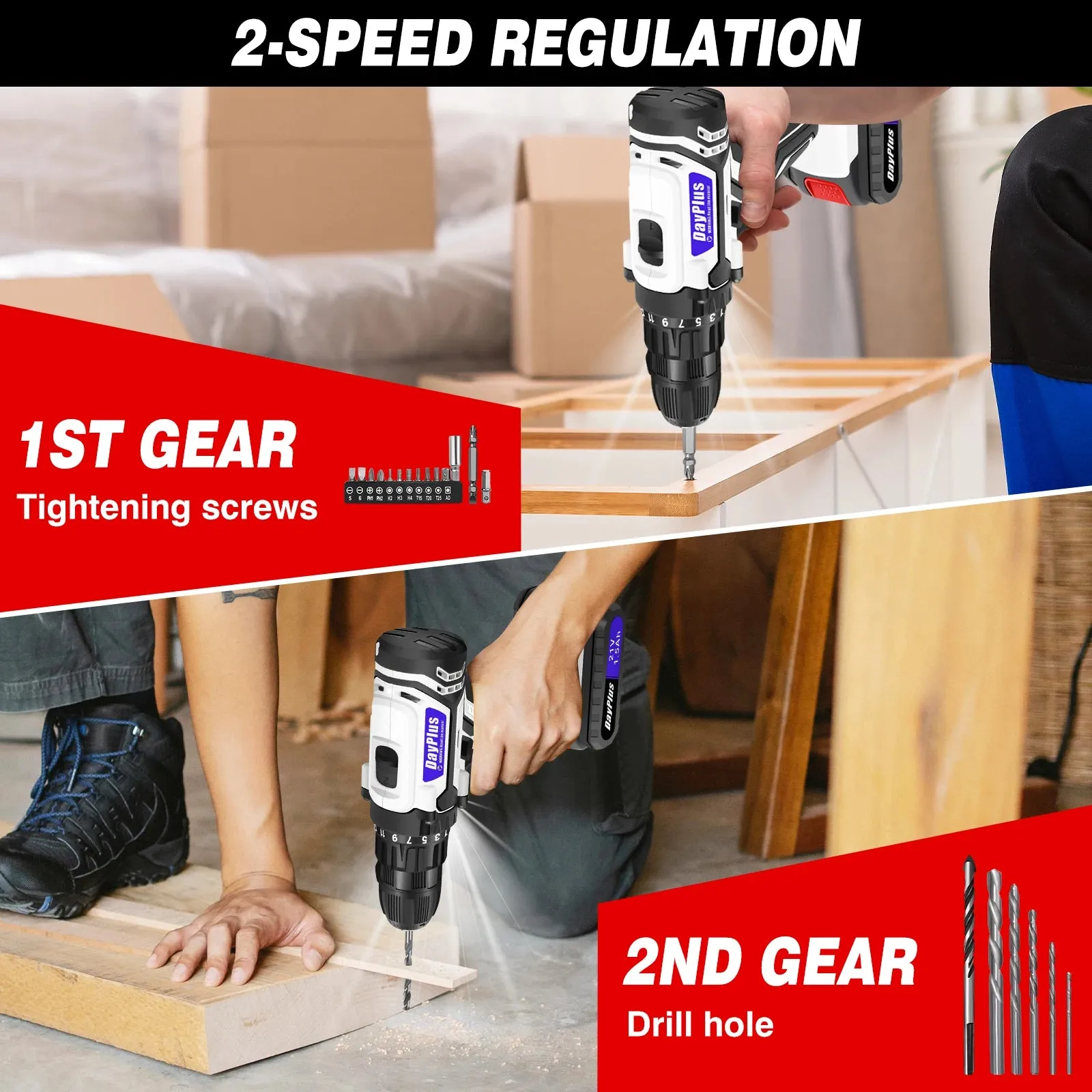 Cordless Combi Drill &Impact Driver Set with 2PC 1500Mah Li-Ion Battery,Variable Speed Drill Driver, 25 1 Torque Setting