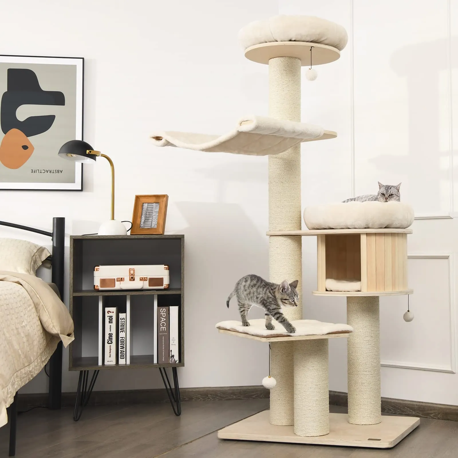 Tangkula Modern Cat Tree,  Multi-Level Large Cat Tower w/Cat Condo, Hammocks & Hanging Basket